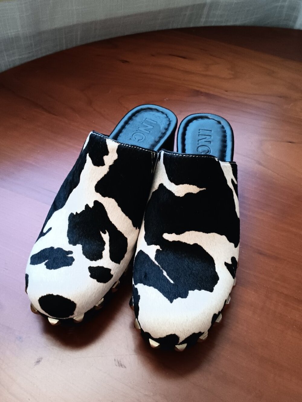 NWT Cow Hair Black & Cream with Gold Studded Clogs Size 6M